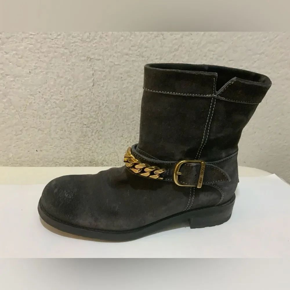 Jimmy Choo 132 Daze Waxed Toe Suede Chain Moto Combat Booties SZ 36/US 6